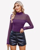Turtle-neck mesh bodysuit with long sleeves and ruched front, purple