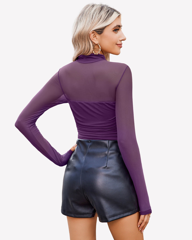 Turtle-neck mesh bodysuit with ruched back, long sleeves, purple