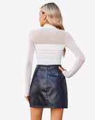 Turtle-neck mesh bodysuit with ruched back and long sleeves, white