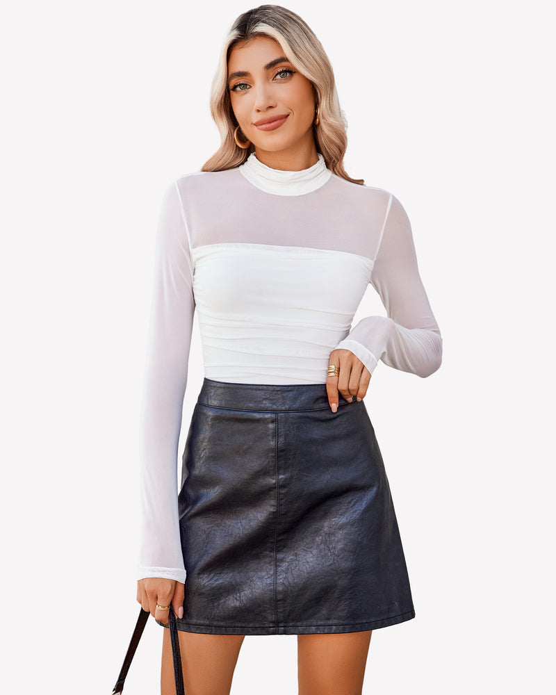 Turtle-neck mesh bodysuit with long sleeves and ruched front, white