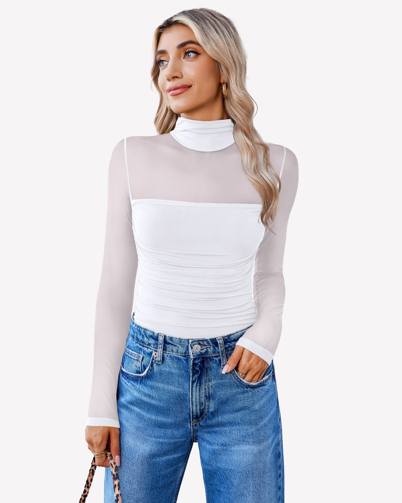 Turtle-neck mesh bodysuit with long sleeves and ruched front, white