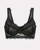 Black lace underwire bralette flat lay, openwork cups with scalloped neckline