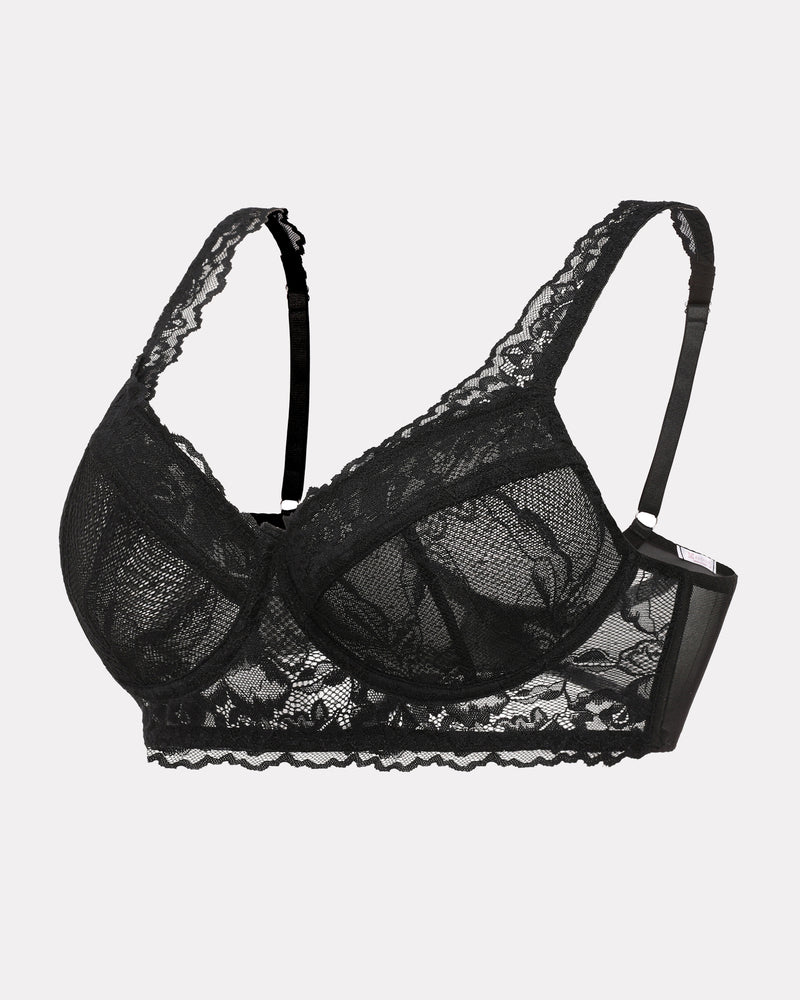 Black lace underwire bralette flat lay with adjustable straps and scalloped bottom
