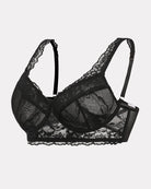 Black lace underwire bralette flat lay with adjustable straps and scalloped bottom