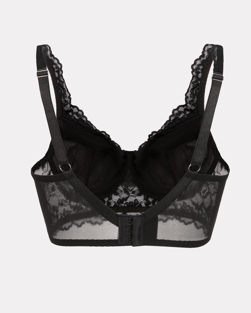 Black lace underwire bralette flat lay back view with center clasp closure