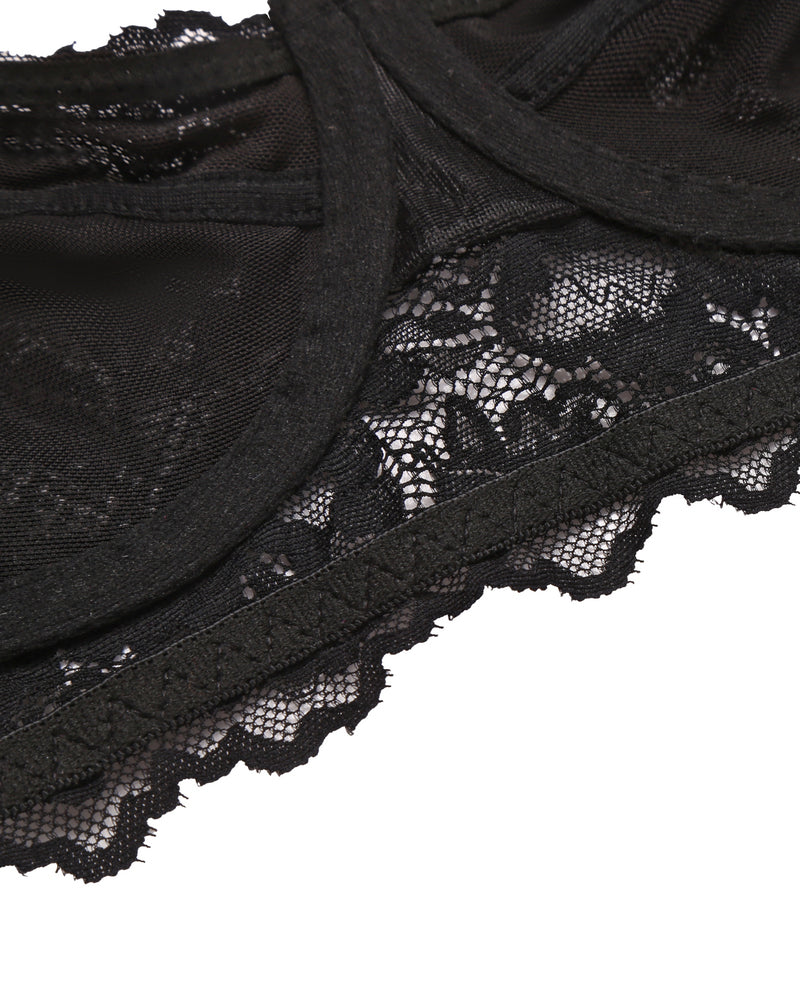 Black lace bralette detail showing lace overlay and scalloped edge trim