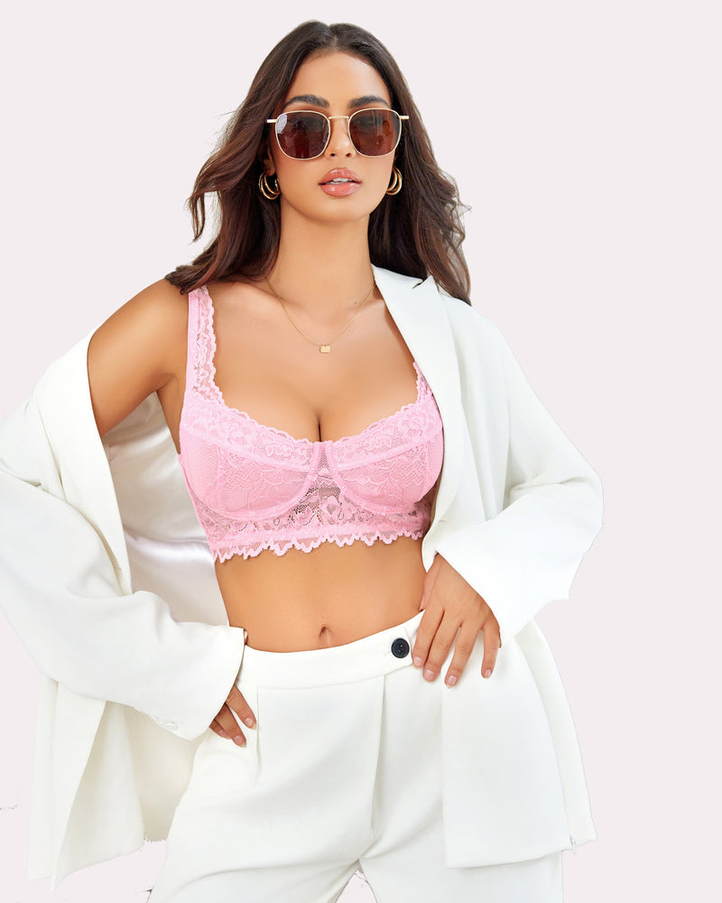Pink lace underwire bralette with scalloped lace trim and underwire cups