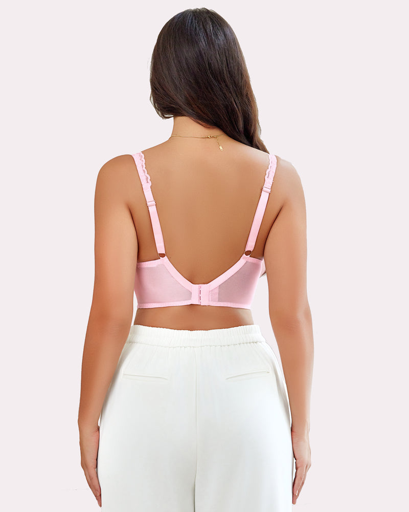 Pink lace underwire bralette back view with adjustable straps