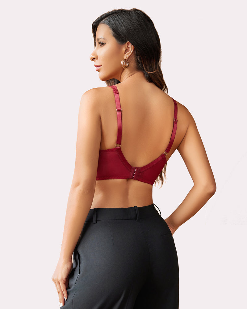 Wine red lace bralette with underwire, back strap and hook closure detail