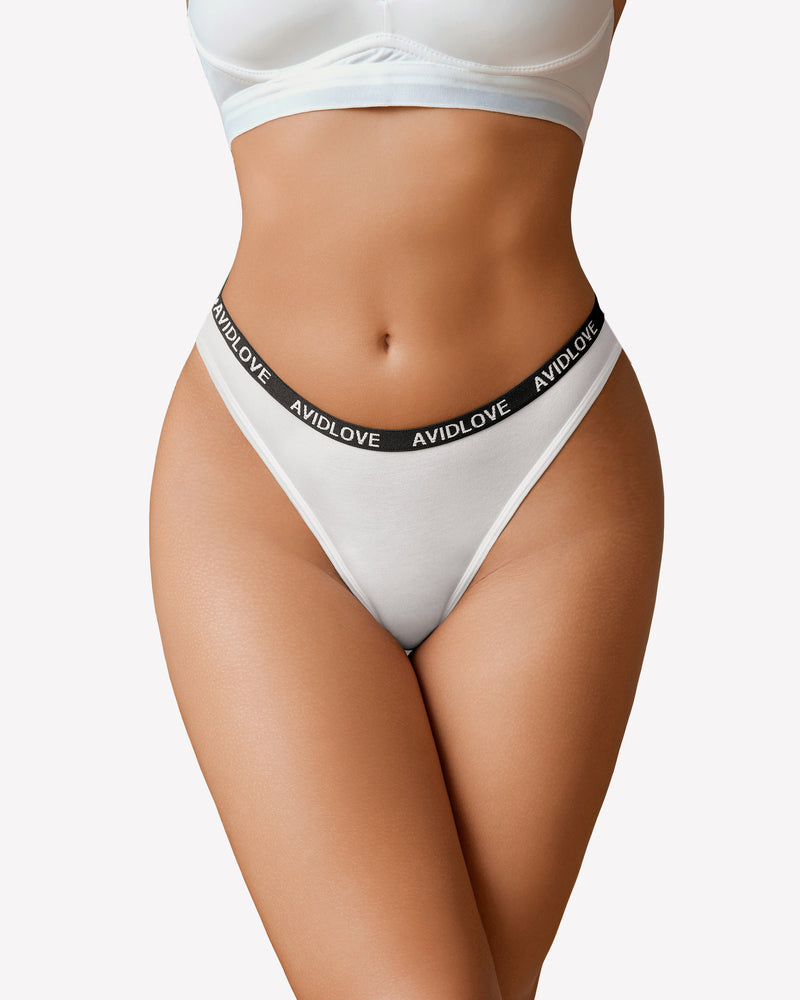 Low-rise thong panties, light gray, black AVIDLOVE logo waistband.