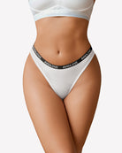 Low-rise thong panties, light gray, black AVIDLOVE logo waistband.