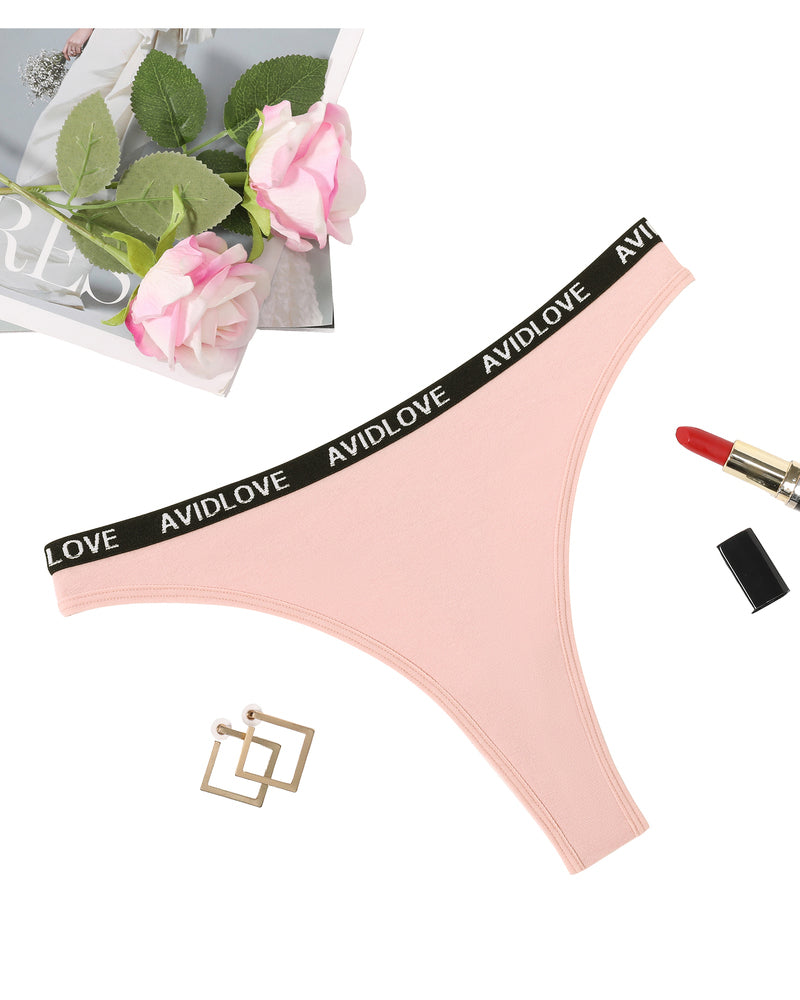 Low-rise thong panties, light pink, black AVIDLOVE logo waistband.