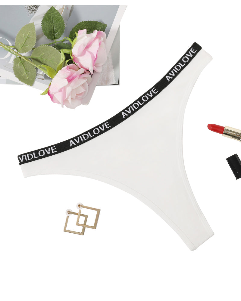 Low-rise thong panties, white, black AVIDLOVE logo waistband.