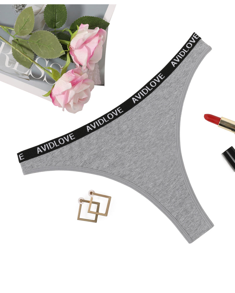 Low-rise thong panties, heather gray, black AVIDLOVE logo waistband.