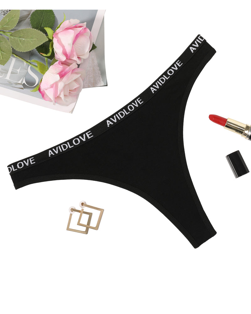 Low-rise thong panties, black, black AVIDLOVE logo waistband.