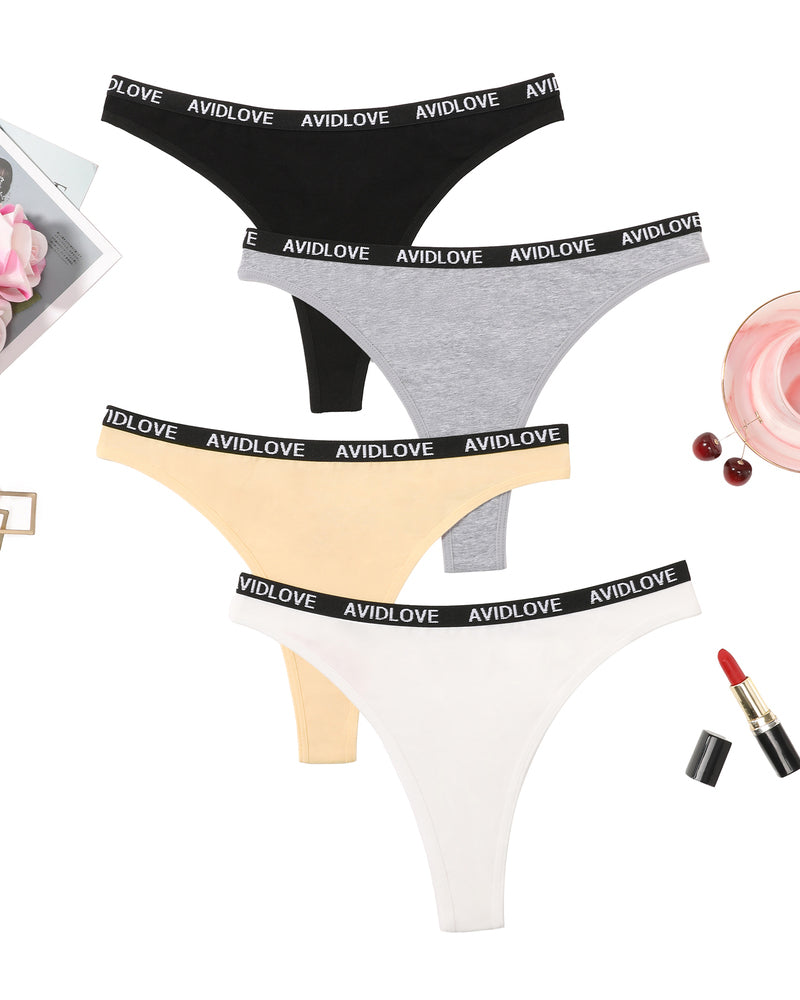 Low-rise thong panties multipack with AVIDLOVE logo waistbands, mixed colors.