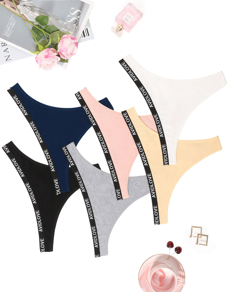 Low-rise thong panties multipack with AVIDLOVE logo waistbands, assorted colors.