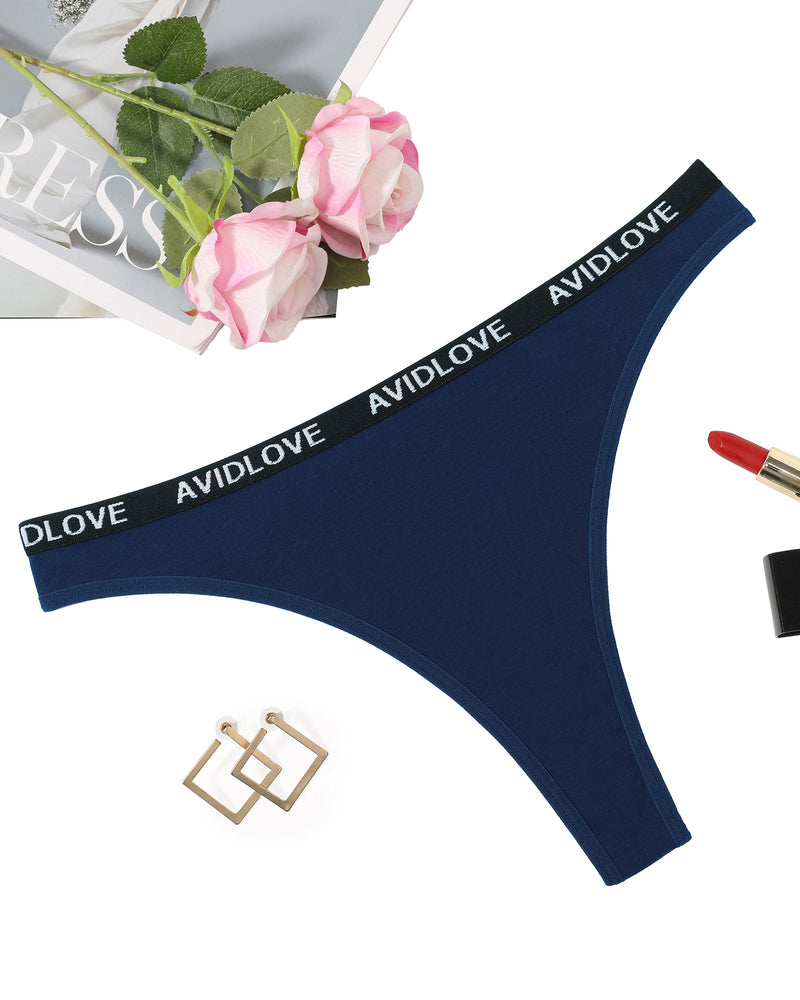 Low-rise thong panties, navy blue, black AVIDLOVE logo waistband.