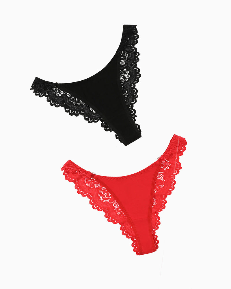 Black and red high-cut hipster string panties with lace trim