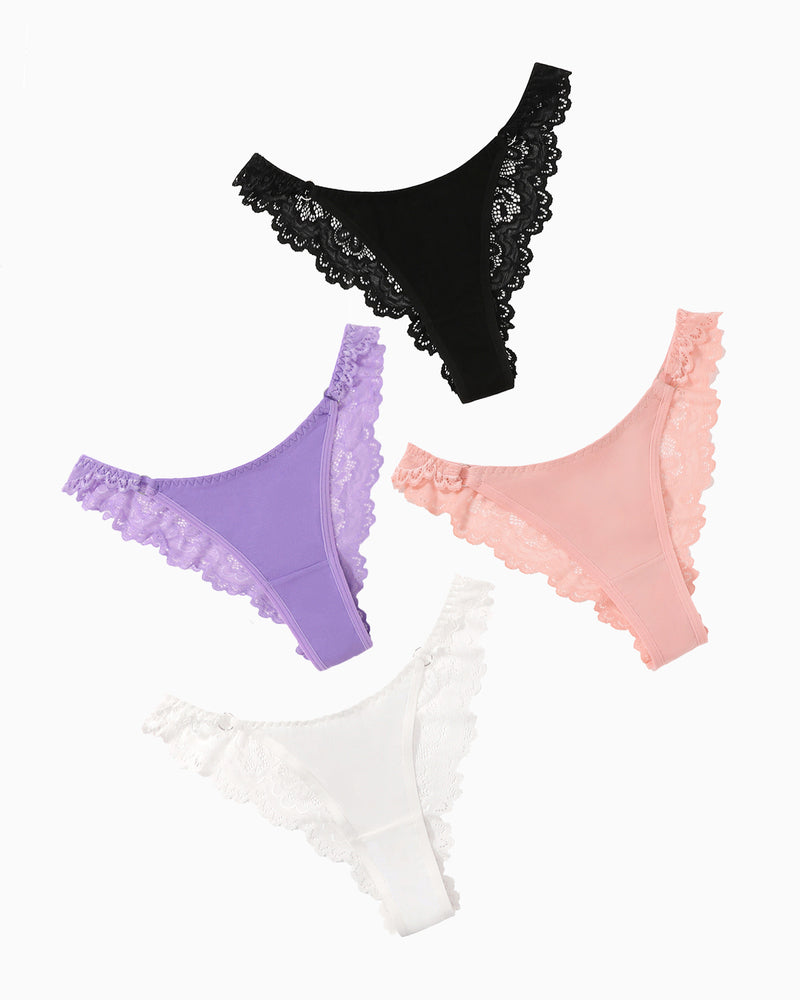 Assorted high-cut hipster string panties with lace trim: black, lavender, pink, white