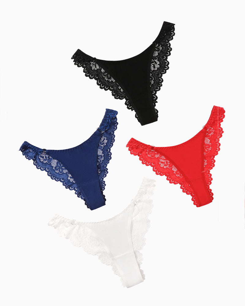 Assorted high-cut hipster string panties with lace trim: black, blue, red, white