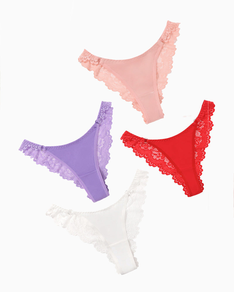 Assorted high-cut hipster string panties with lace trim: pink, lavender, red, white