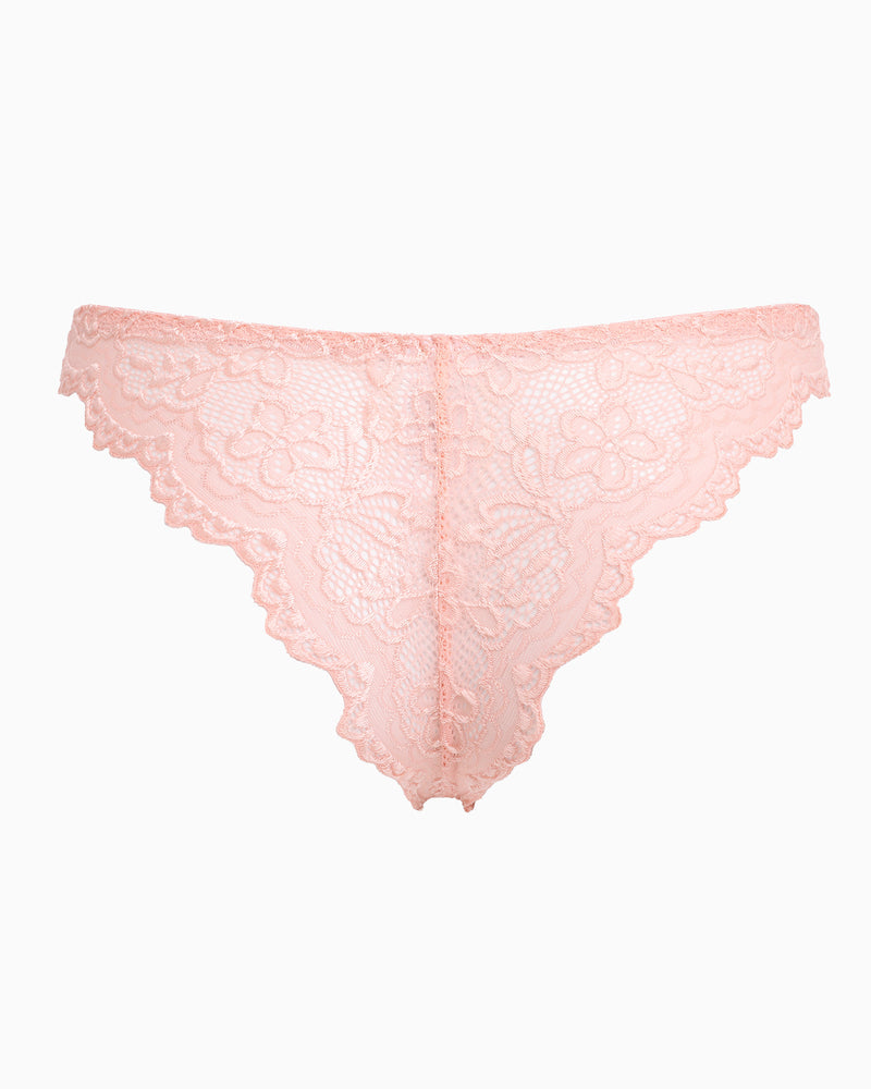 Light pink lace high-cut hipster string panty with allover floral lace pattern