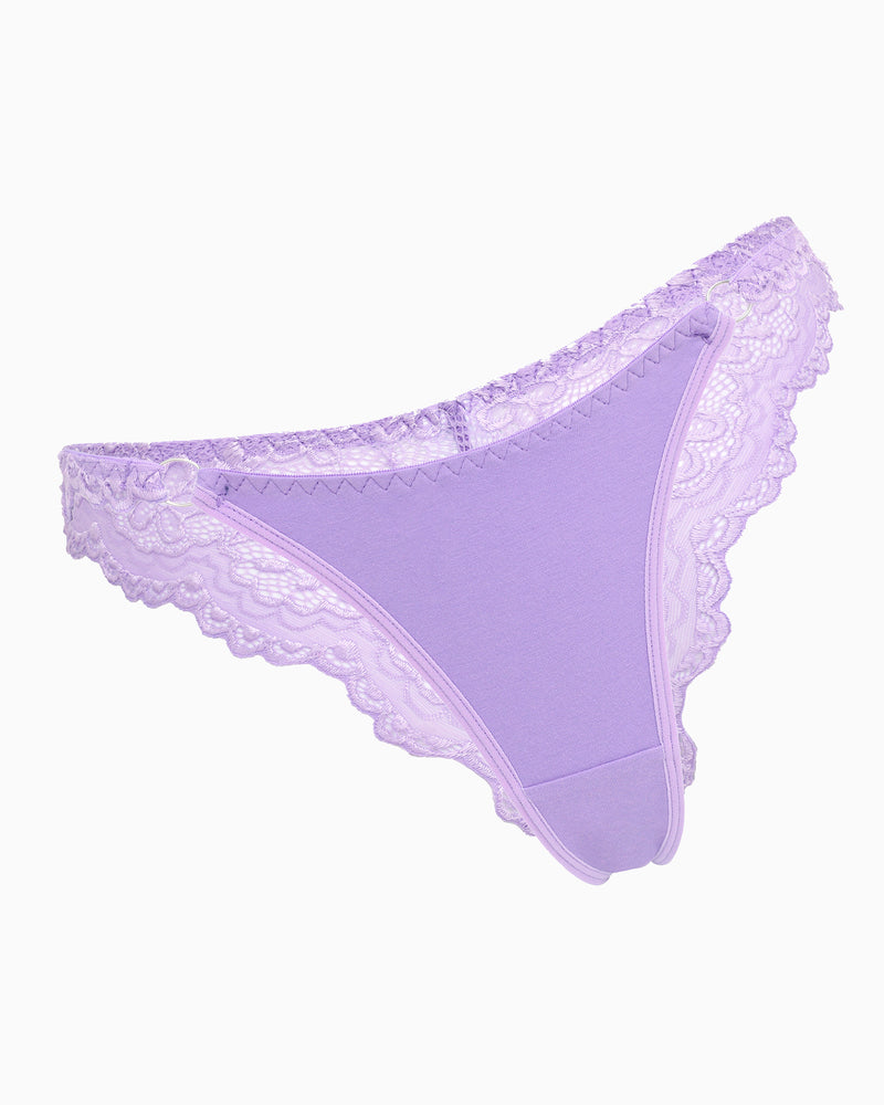 Lavender lace high-cut hipster string panty with scalloped lace trim