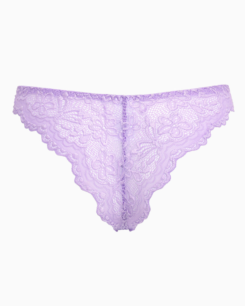 Lilac lace high-cut hipster string panty with central seam and scalloped hem