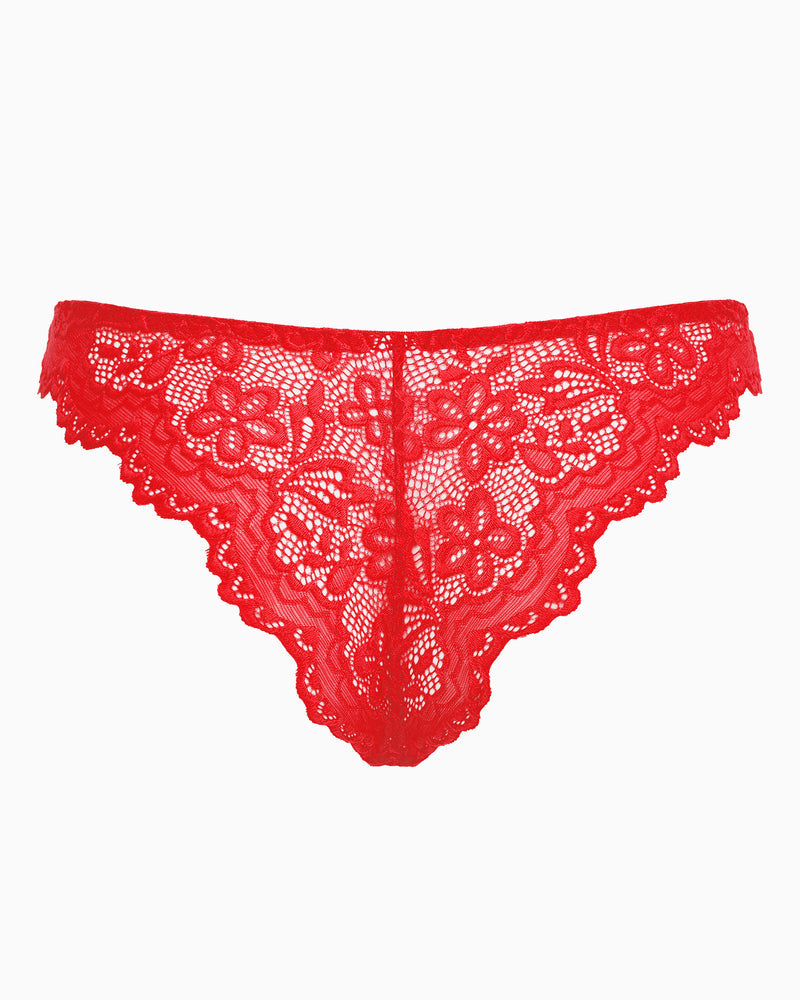 Red lace high-cut hipster string panty with ornate floral mesh and scalloped hem
