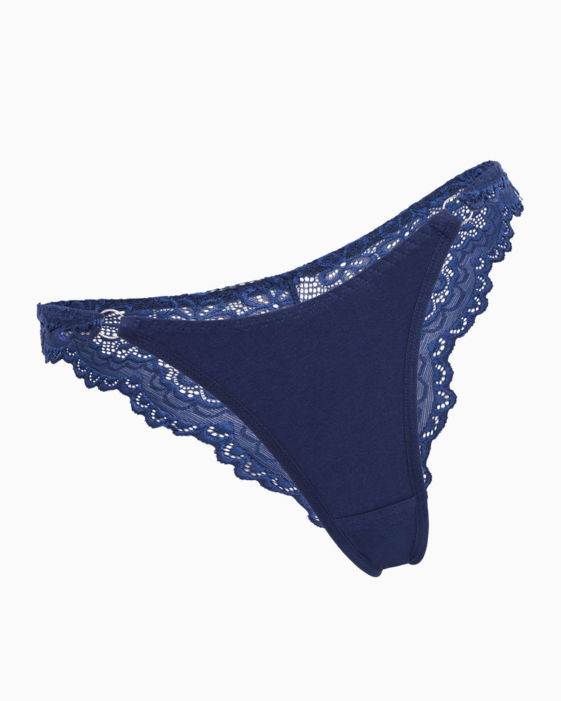 Navy blue lace high cut string hipster panty with scalloped trim