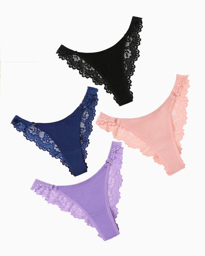 Assorted high-cut hipster string panties with lace trim: black, navy, purple, pink