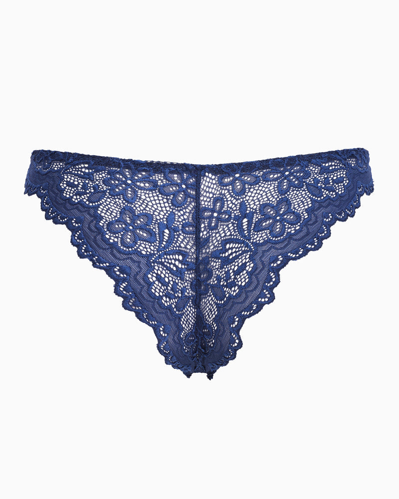 Navy blue lace high cut string hipster panty with floral lace side trim