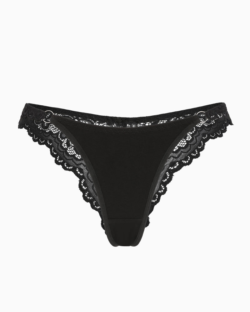 Black lace high cut string hipster panty with scalloped lace edging