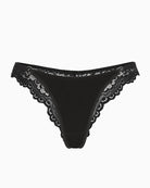 Black lace high cut string hipster panty with scalloped lace edging