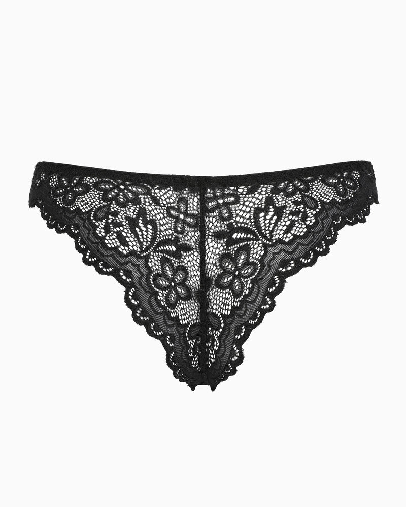 Black lace high cut string hipster panty with floral lace panel