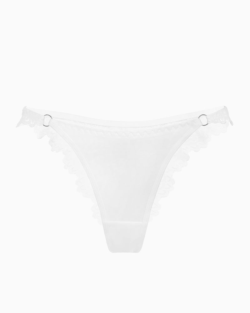 White lace high cut string hipster panty with side ring accents