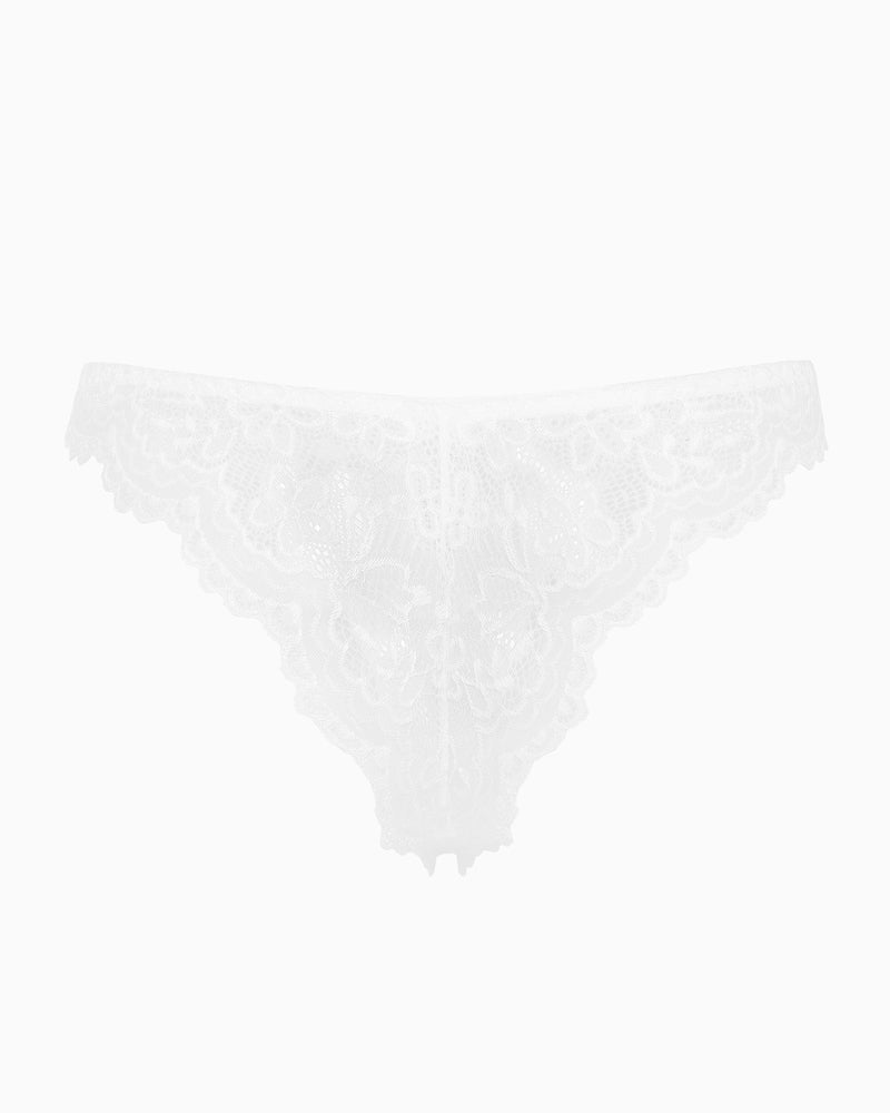 White lace high cut string hipster panty with scalloped lace trim