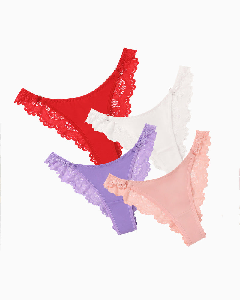 Lace high-cut hipster string panties in red, white, lavender, and pink