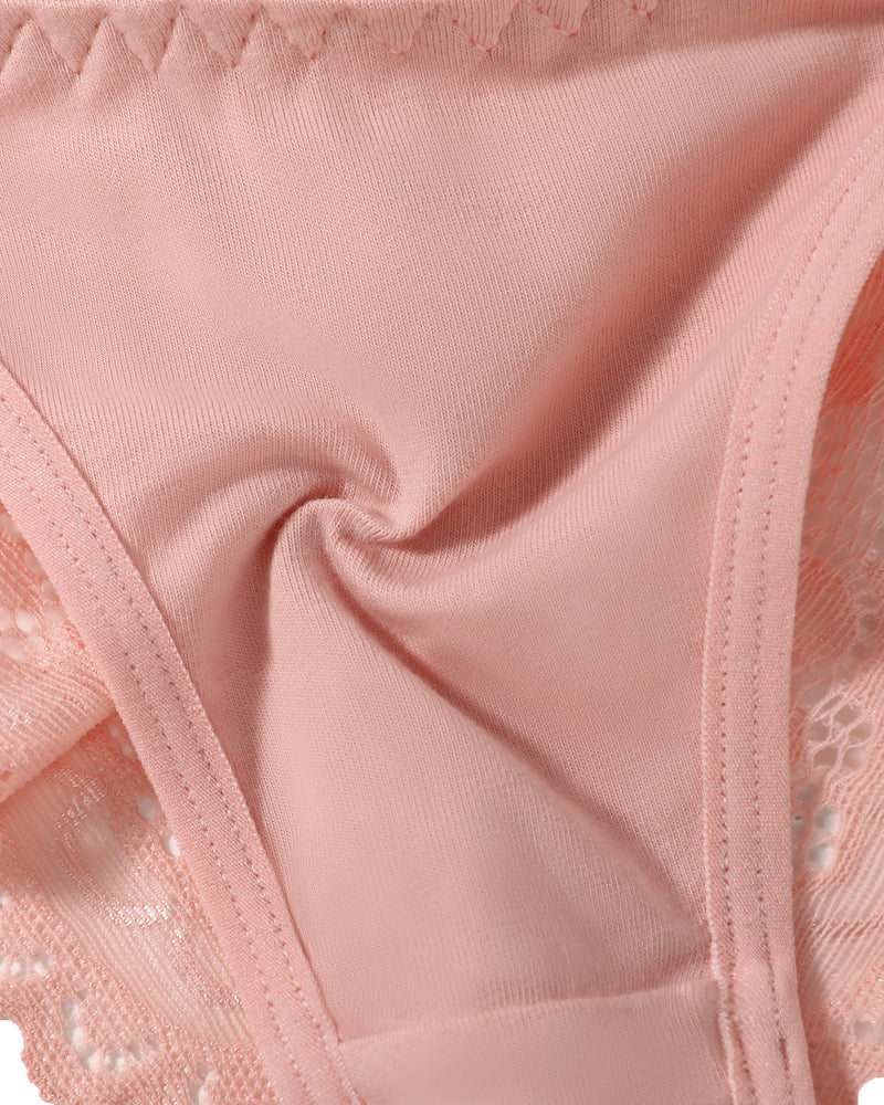 Pink lace high-cut hipster string panty close-up with scalloped lace trim