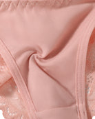 Pink lace high-cut hipster string panty close-up with scalloped lace trim