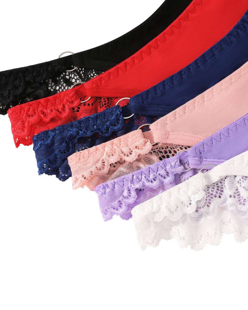 Lace high-cut hipster string panties in black, red, navy, purple, and white