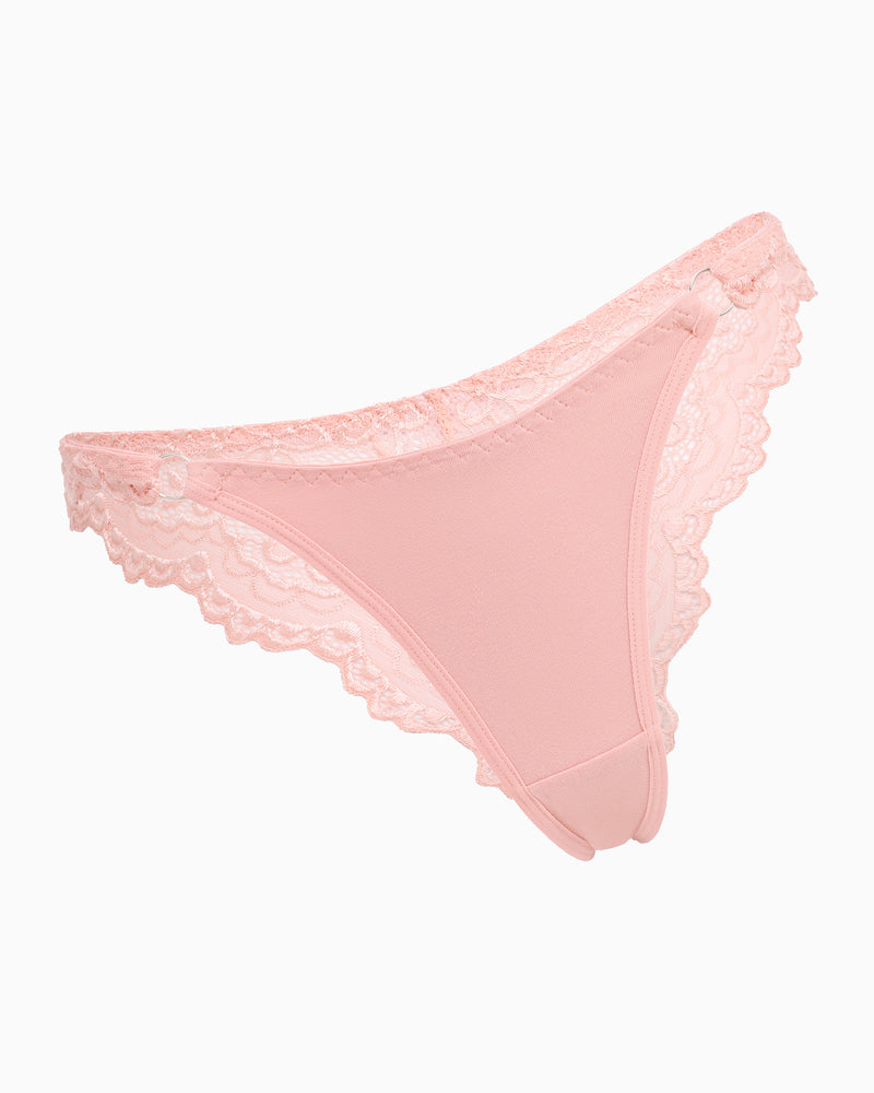 Peach pink lace high-cut hipster string panty with scalloped edges