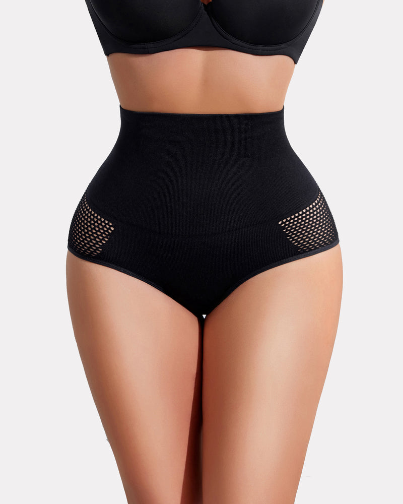 Tummy control shapewear panty, black high-waist brief with mesh side panels