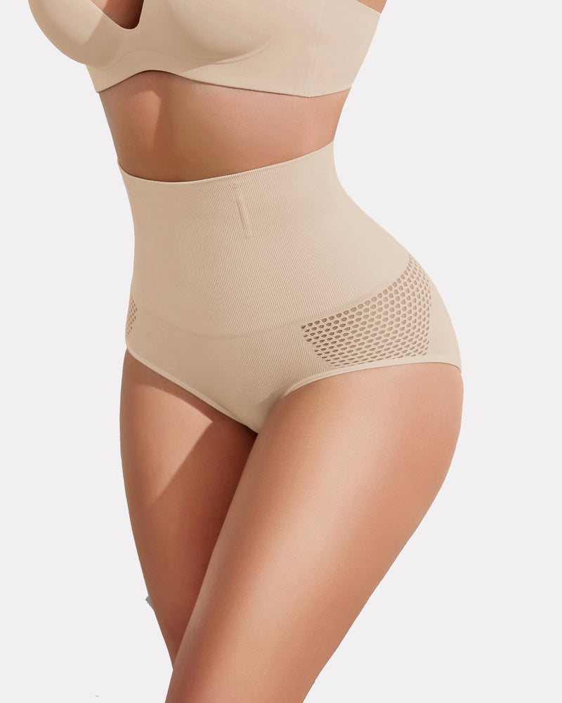 Tummy control shapewear panty, nude high-waist brief with perforated mesh back