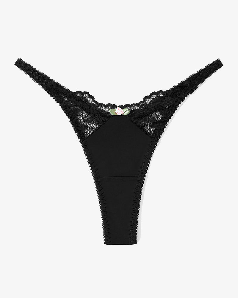 Black lace g-string T-back thong with scalloped V waistband and smooth panel