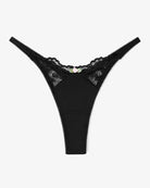 Black lace g-string T-back thong with scalloped V waistband and smooth panel