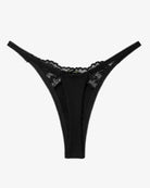 Black lace g-string T-back thong with central seam and scalloped edges