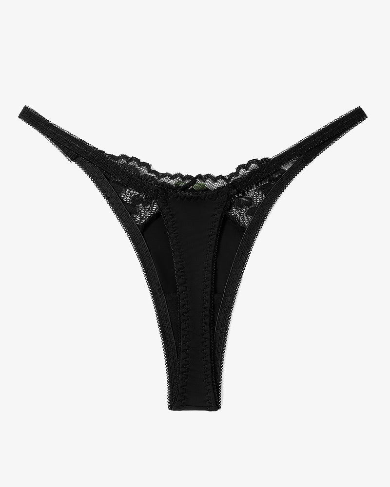 Black lace g-string T-back thong with central seam and scalloped edges