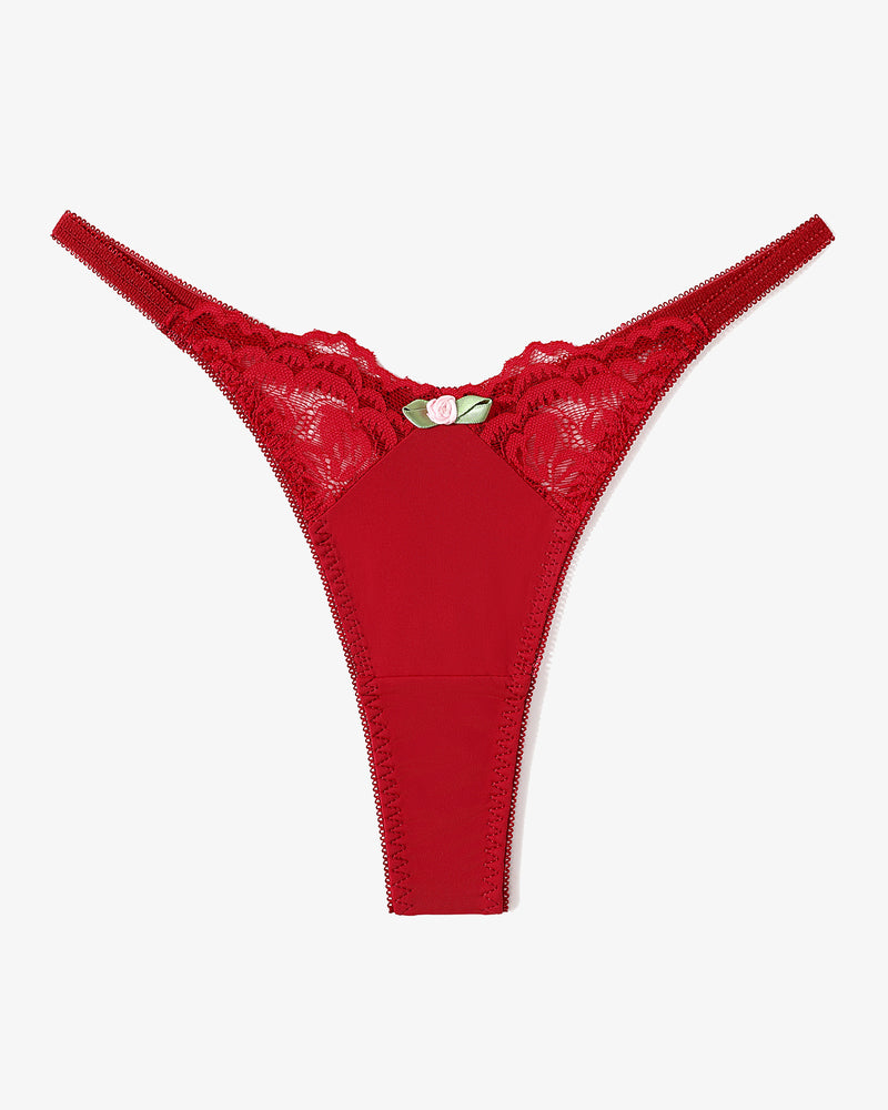 Deep red lace g-string T-back thong with scalloped V waistband